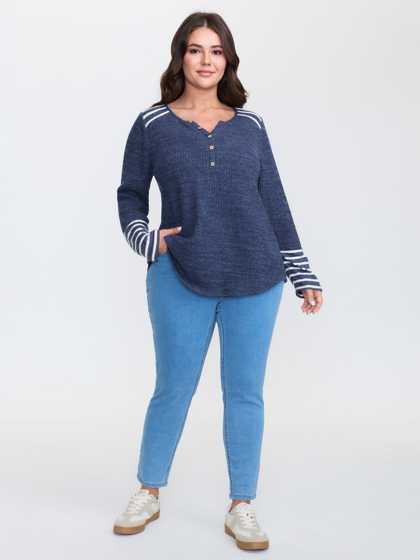 Ribbed Stripe Button Placket T-Shirt