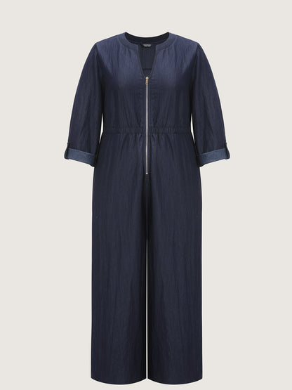 Zipper Front Tab Sleeve Jumpsuit