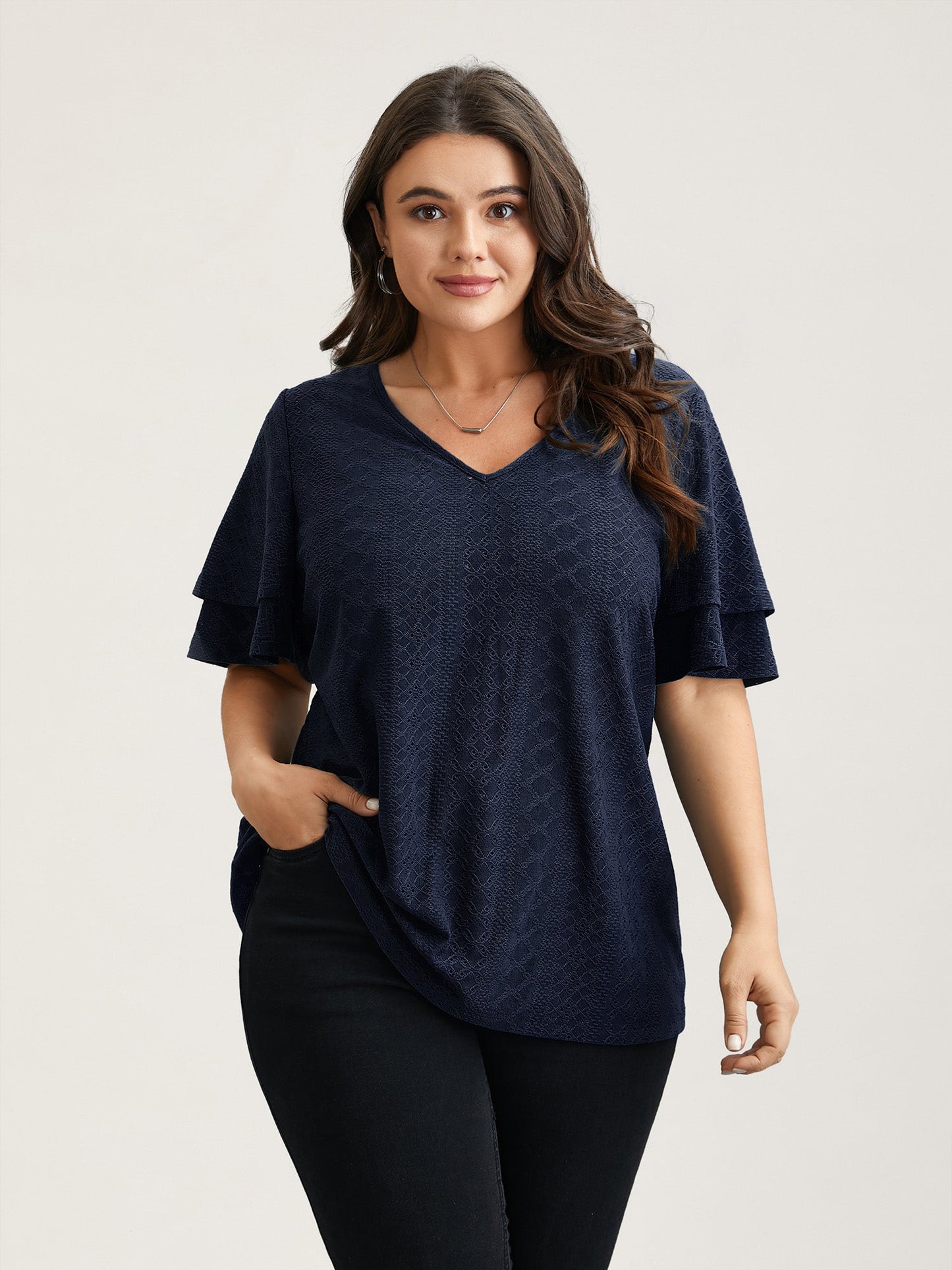 Jacquard Textured Lotus Leaf Sleeve Top
