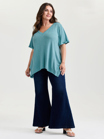 Textured High Low Hem V-Neck T-Shirt