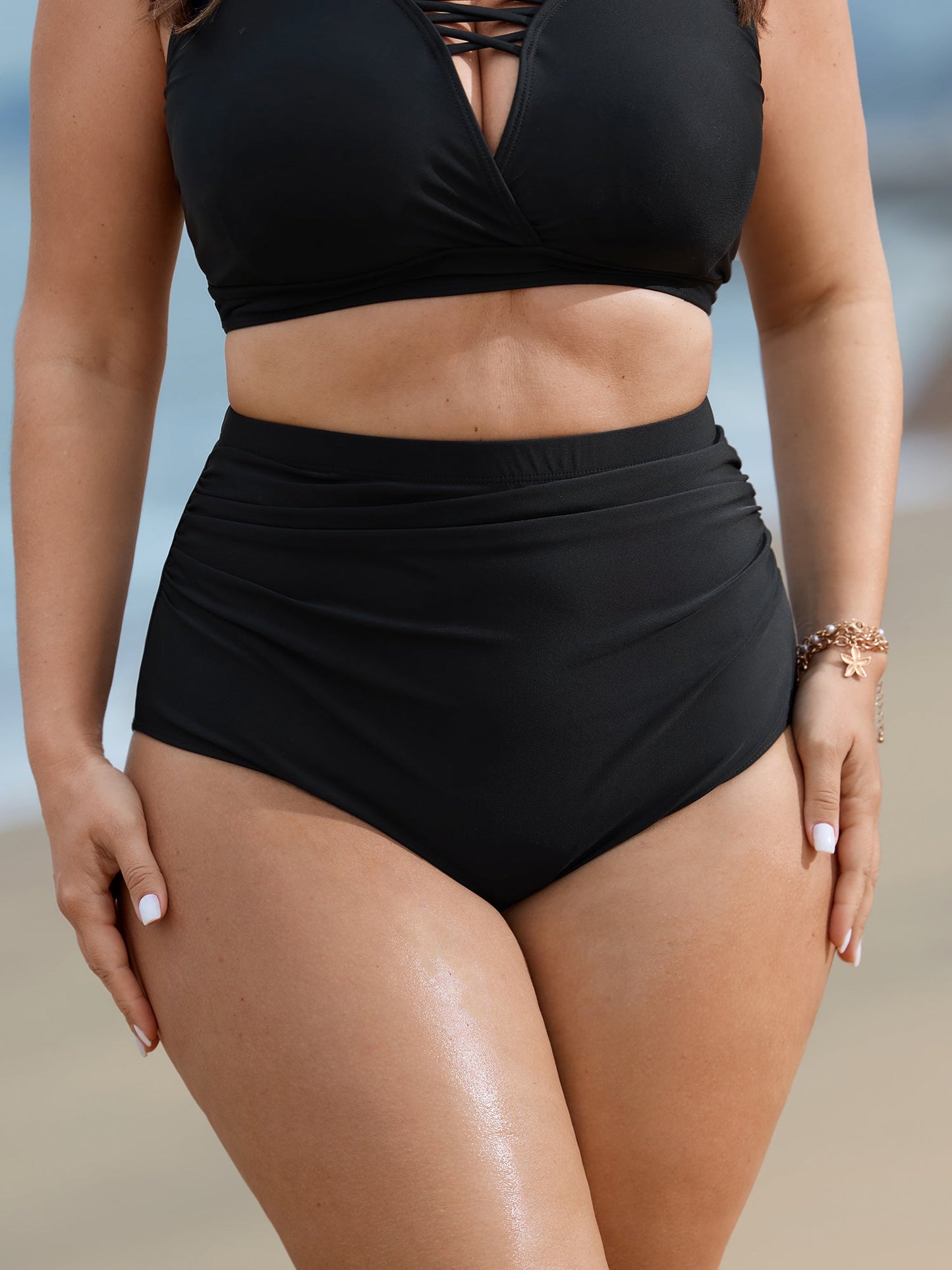 High Rise Ruched Plain Swim Bottoms