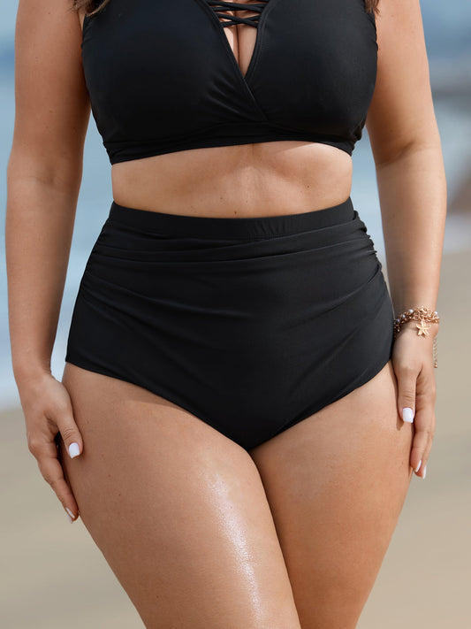 High Rise Ruched Plain Swim Bottoms