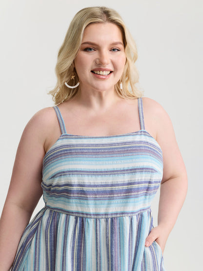 Pure Cotton Asymmetrical Stripes Open Back Midi Dress