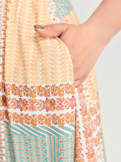 Colorblock Print Tiered Cami Midi Dress