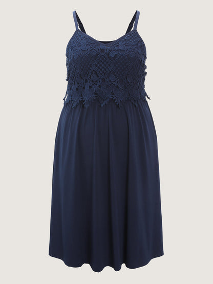 Lace Patchwork Pockets Flowy Midi Dress