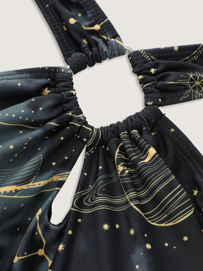 Galaxy Print Halter Neckline Swim Dress