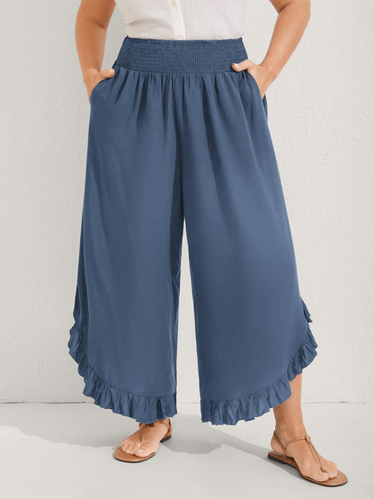 Ruffled Curvy Hem Wide-Leg Pants