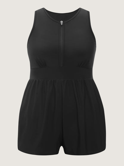 Plain Zipper Pocket One Piece Swimsuit