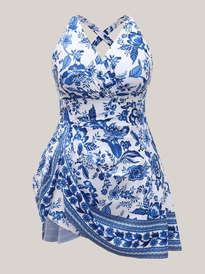 plus size dresses Boho Print Ruched Pockets Swim Dress