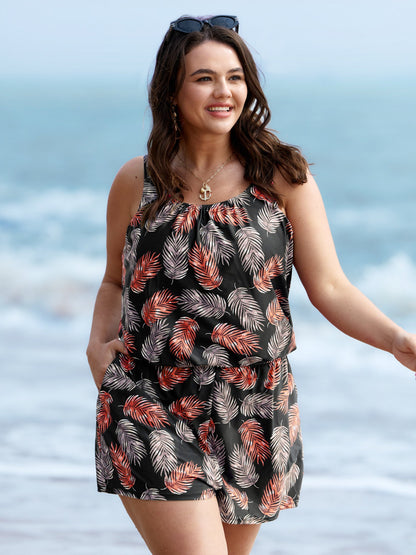 plus size Tropical Flower Print Pockets One-Piece Swimsuit