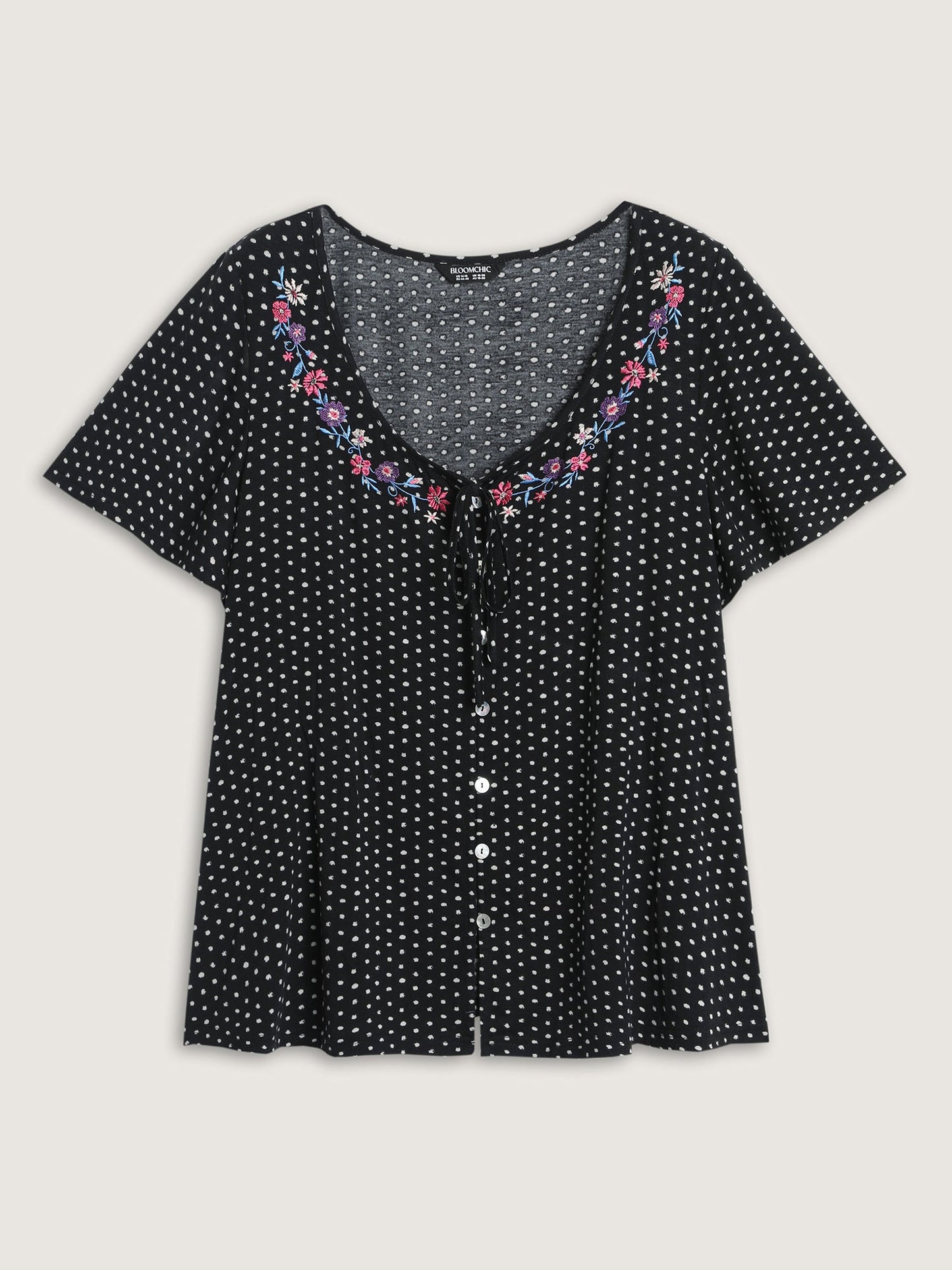 Colorful Floral Embroidered Neckline Polka Dot Top