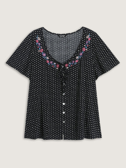 Colorful Floral Embroidered Neckline Polka Dot Top
