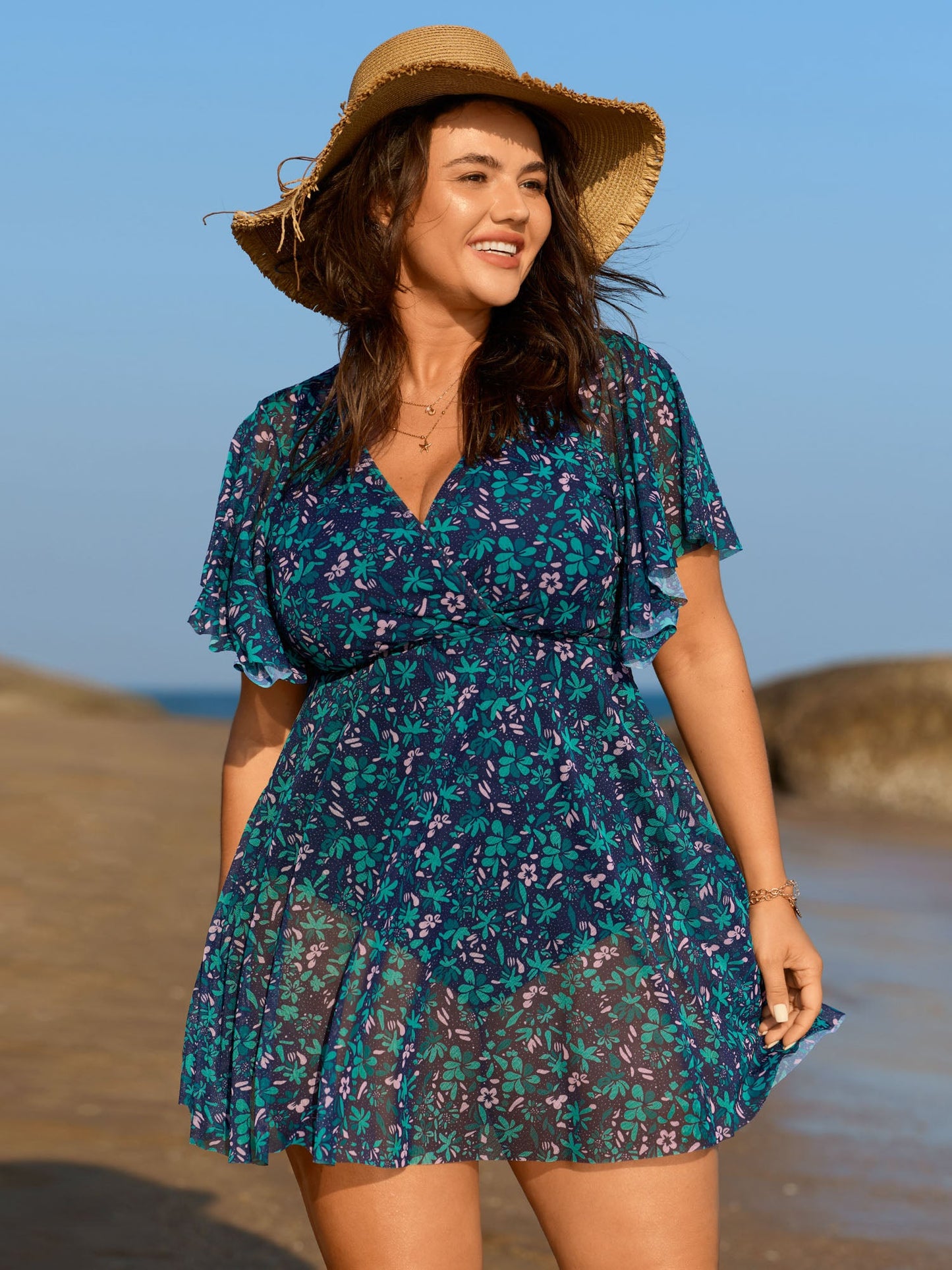 Colorful Sheer Floral Print Swim Dress