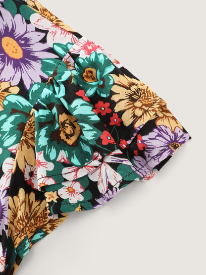 Vibrant Floral Print Ruffled Neckline Mini Dress