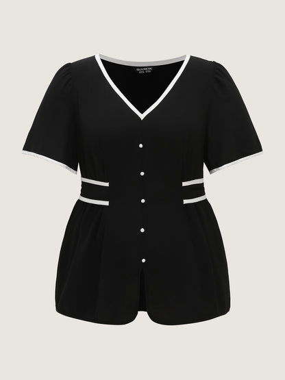 Color Contrast Edge Button Detail Blouse