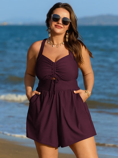 Cut-Out Drawstring Pockets Swim Romper