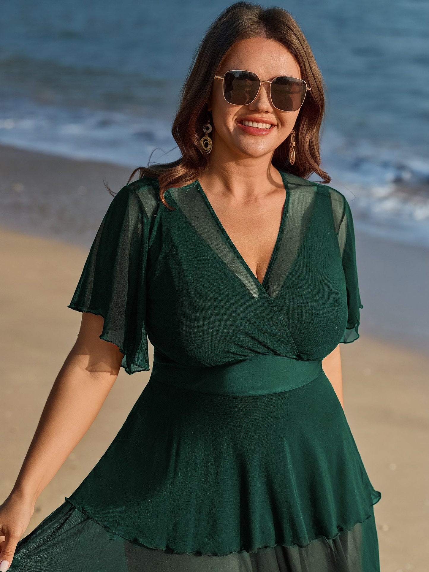 Sheer Ruffled Sleeve Layered Swim Dress