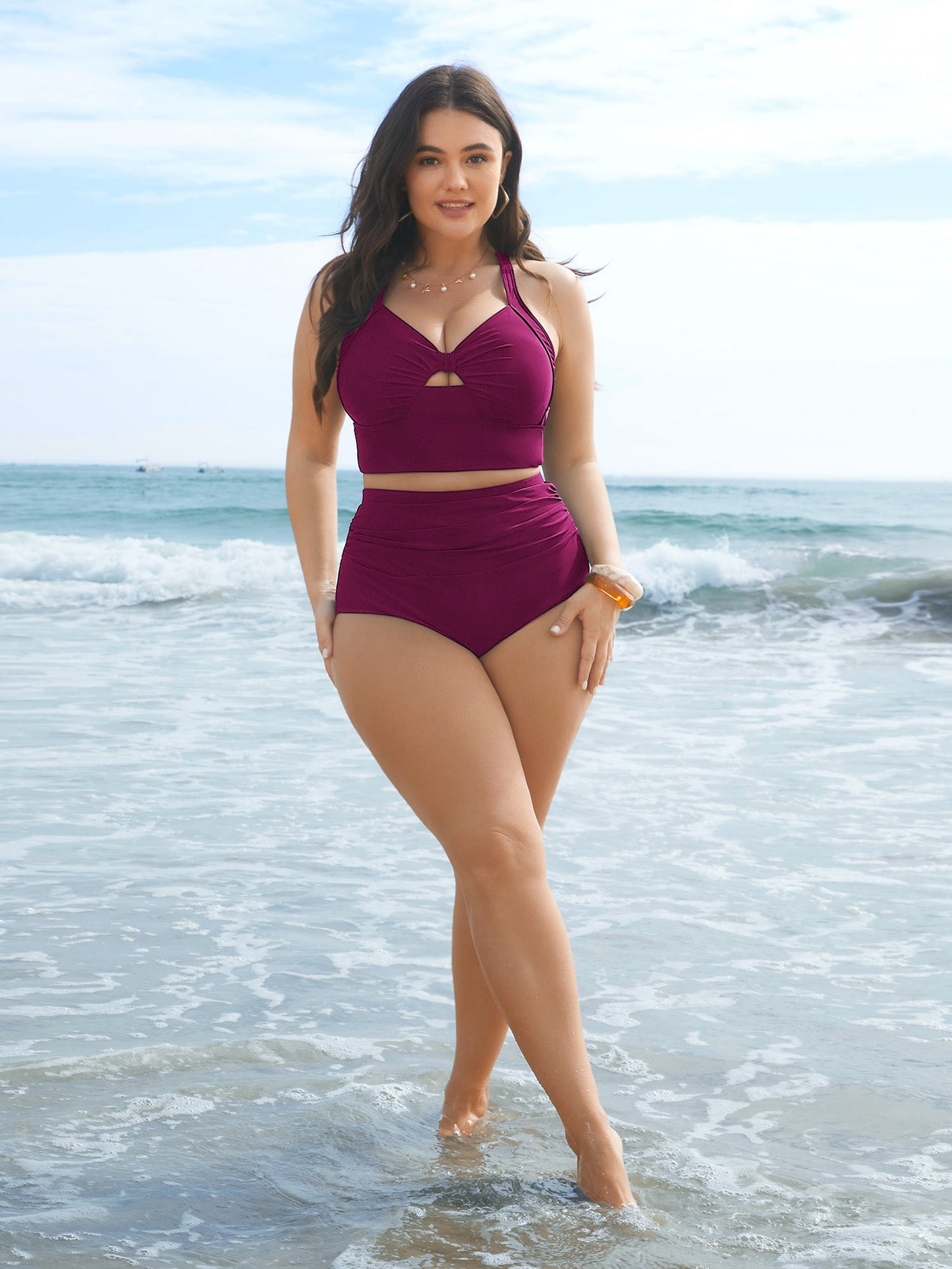 High Rise Ruched Plain Swim Bottoms