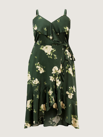 Floral Ruffled Wrap High-Low Hem Midi Dress