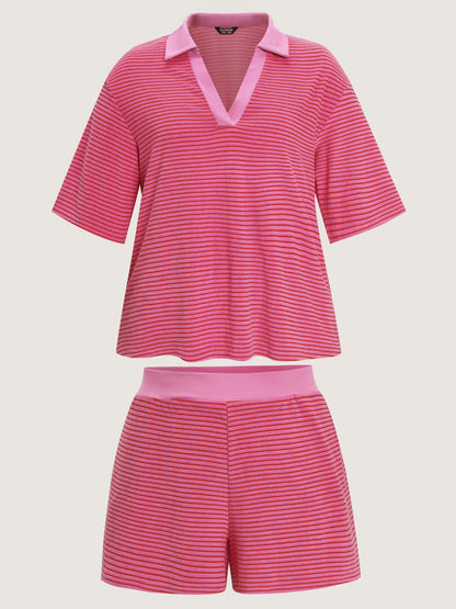 Striped Color Contrast Collar Terry Cloth Two-Piece Set