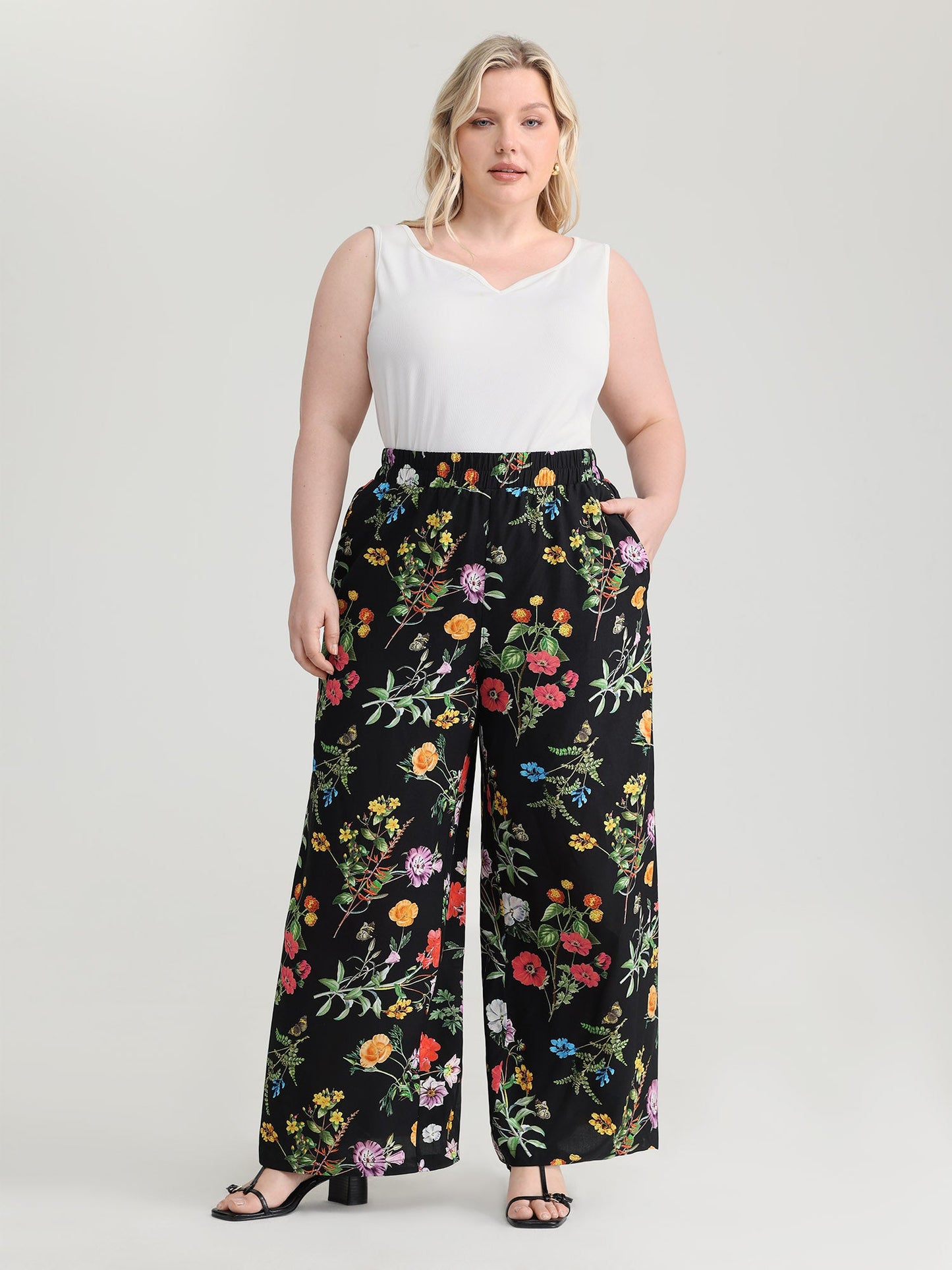 Floral Print Stretchy Waist Wide-Leg Pants
