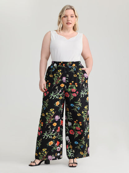 Floral Print Stretchy Waist Wide-Leg Pants
