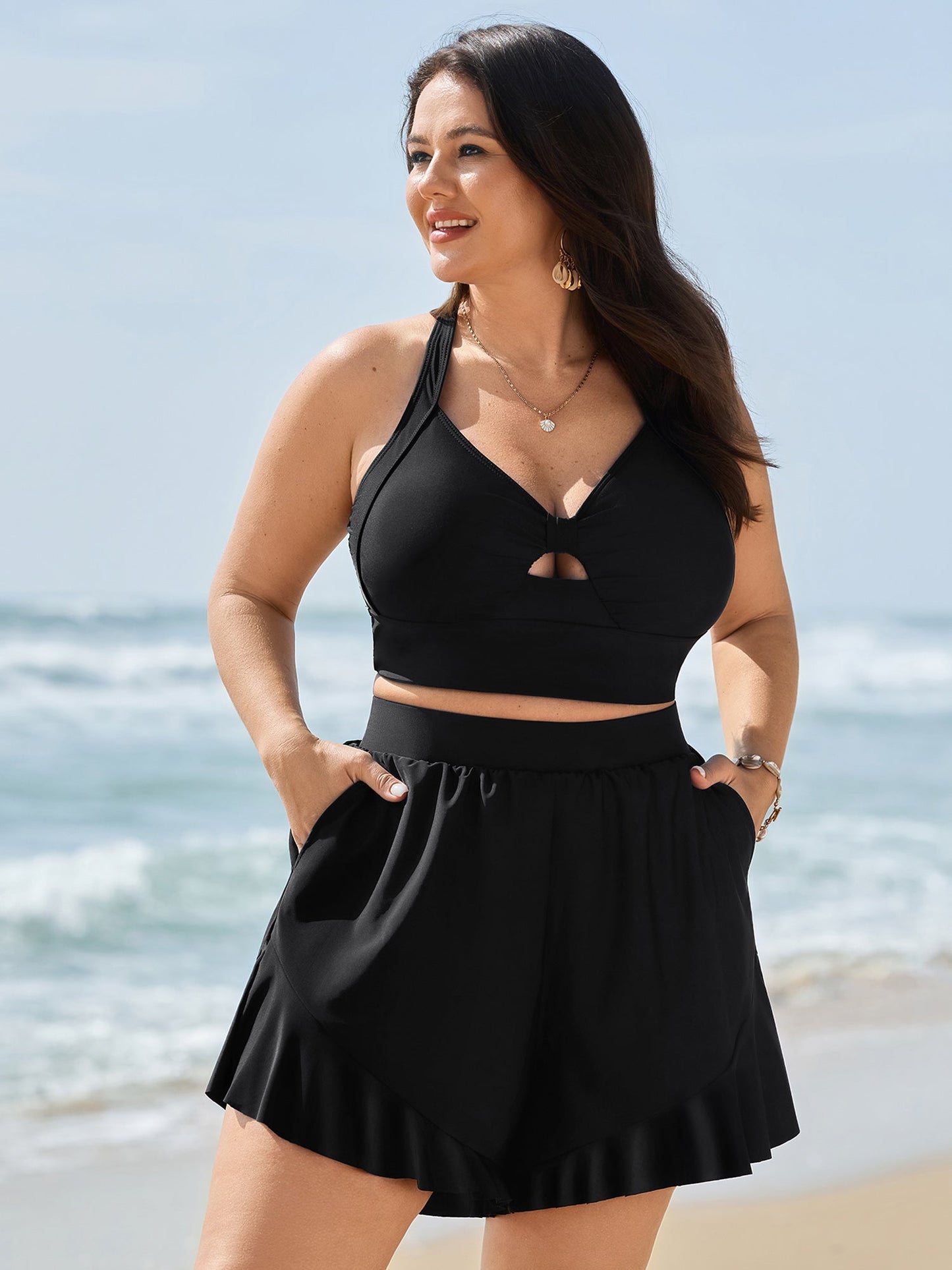 Ruffled Hem Pockets Swim Bottoms