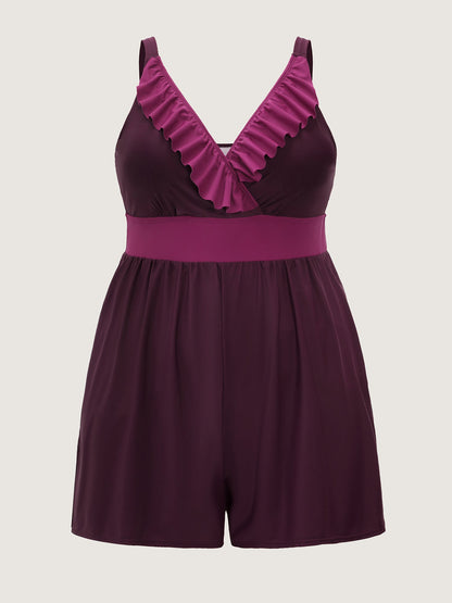 Color Contrast Ruffled One-Piece Swimsuit