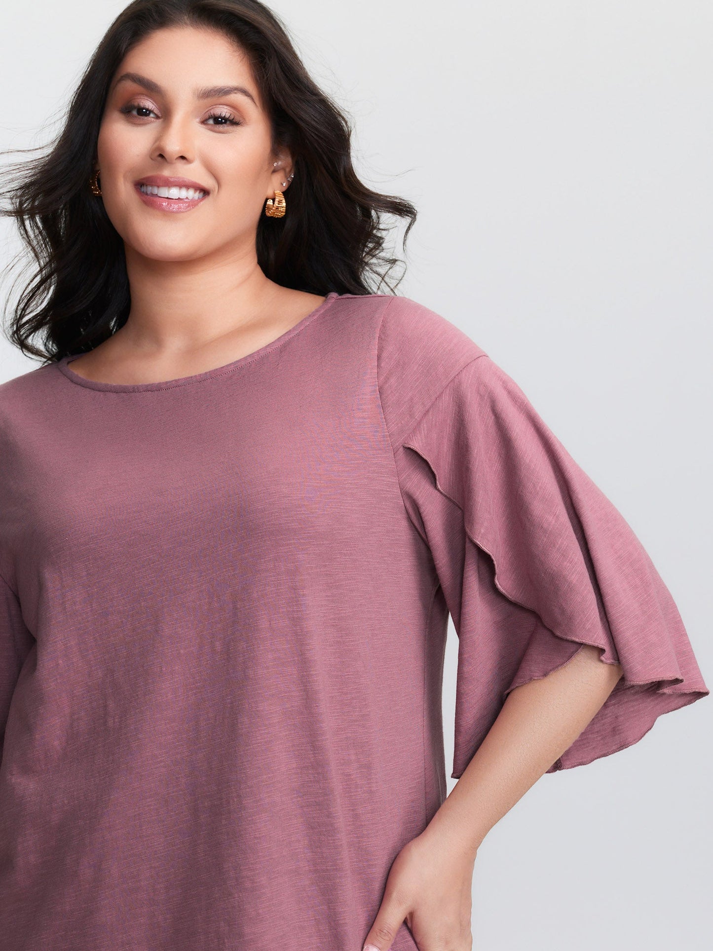Petal Sleeve Plain Round Neck Knit Top