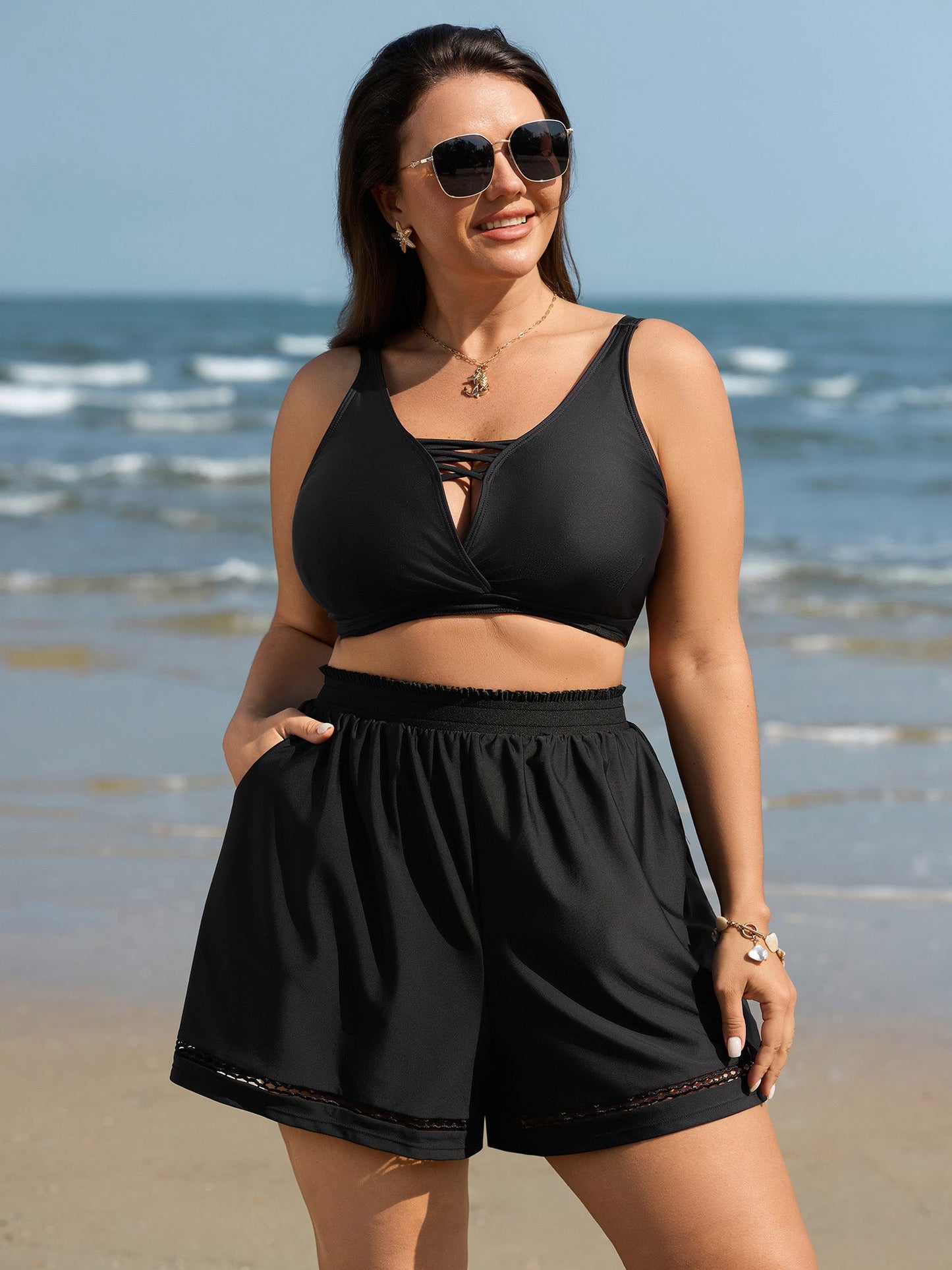 Cut-Out Side Pockets Swim Bottoms