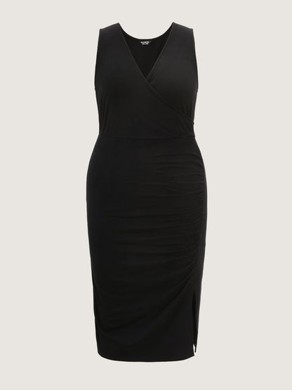 Ruched Side Slit V-Neck Midi Dress