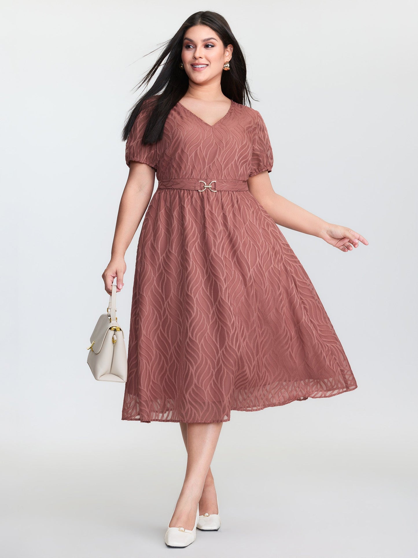 Plain Textured Belted V-Neck Midi Dress