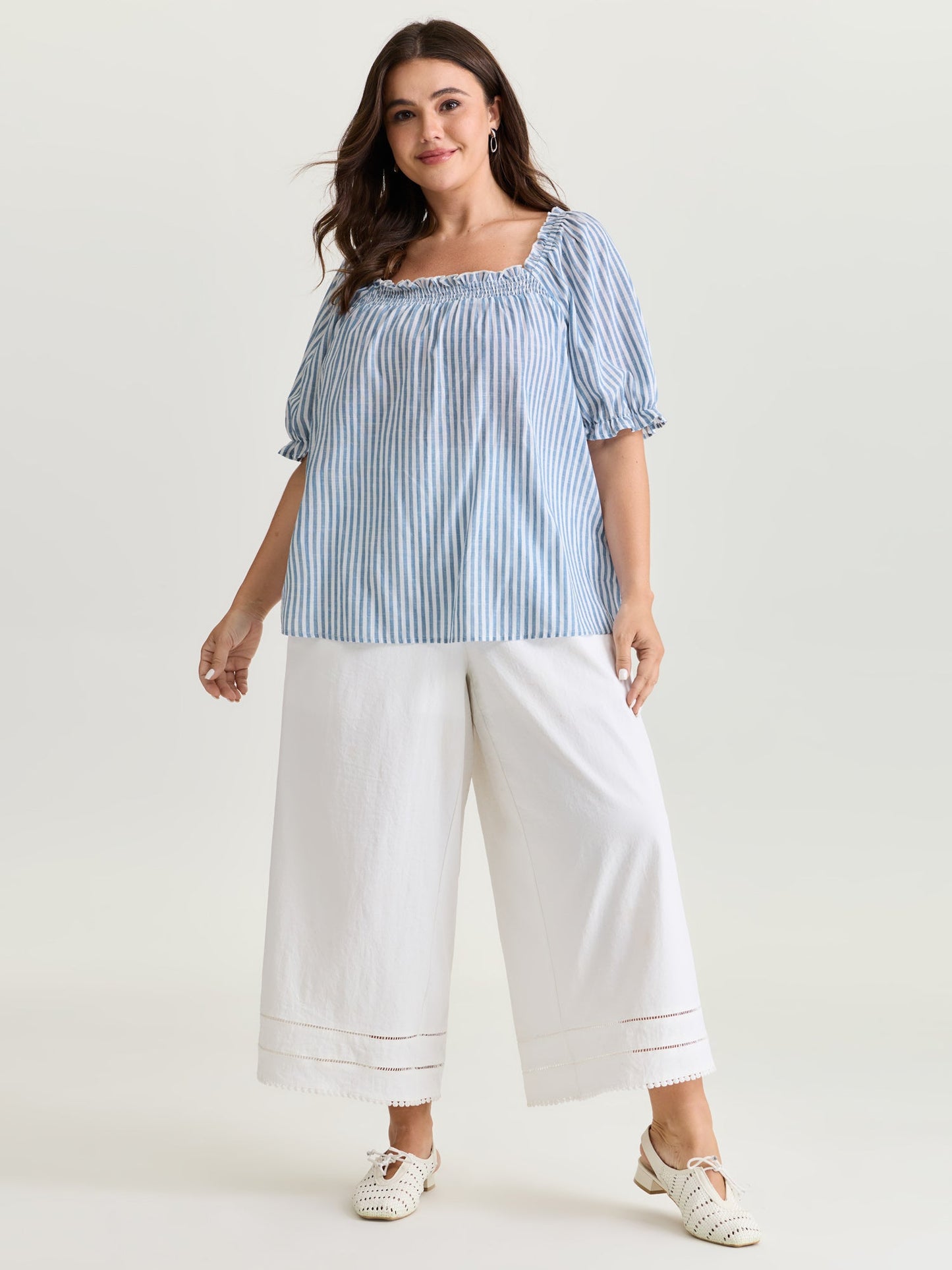 Cotton Striped Shirred Bust-Friendly Neckline Blouse