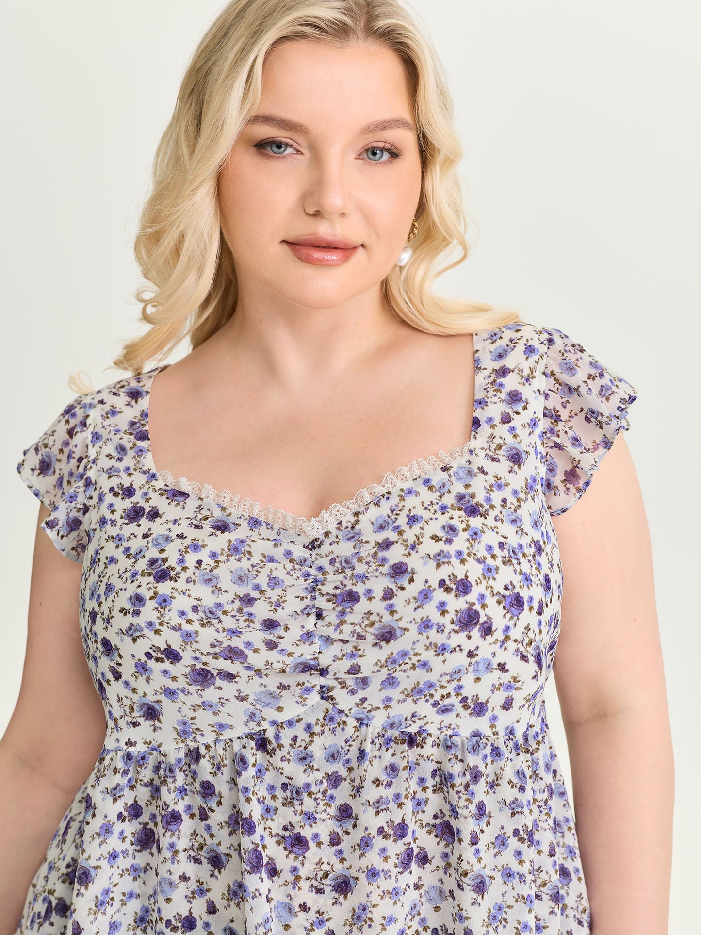 Floral Print Lace Trim Layered Blouse