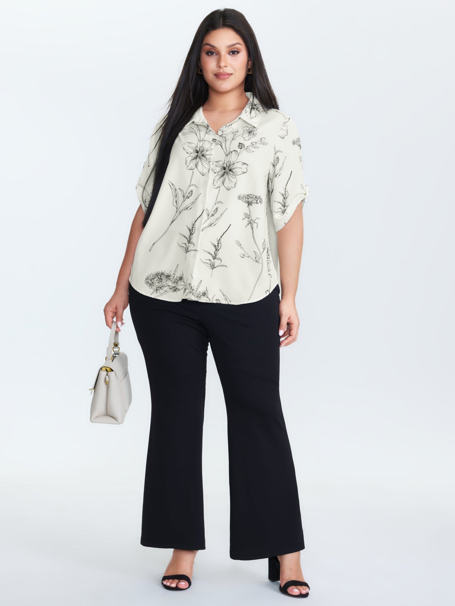 Floral Print Tab Sleeve Button-Down Blouse