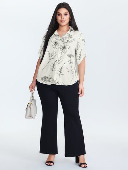 Floral Print Tab Sleeve Button-Down Blouse