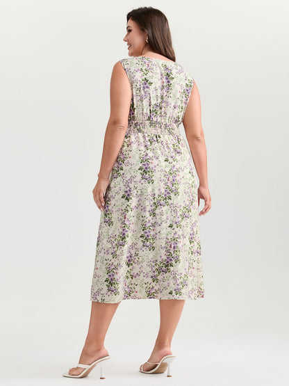 plus size  Floral Print Adjustable Bust-Tie Pockets Midi Dress