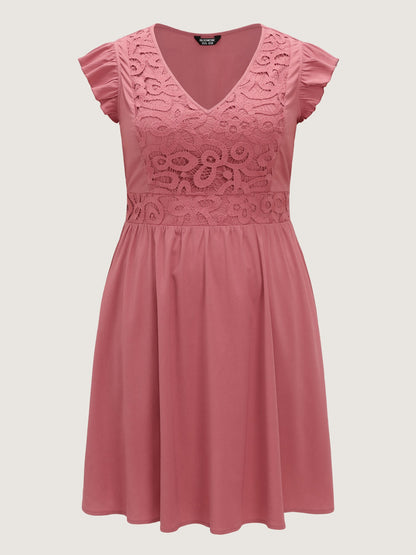 Lace Textured Bodice Flutter Sleeve Mini Dress