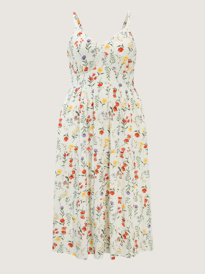Floral Print Lace Trim Cinched Waist Midi Dress