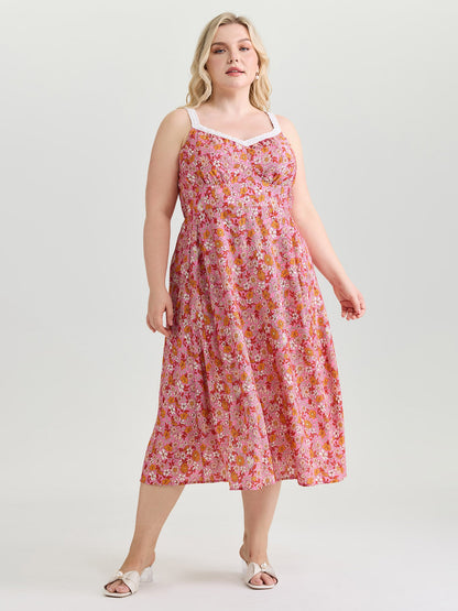 Bright Floral Print Lace Neckline Midi Dress