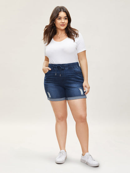 plus size  Pull-On Drawstring Elastic Waist Denim Shorts