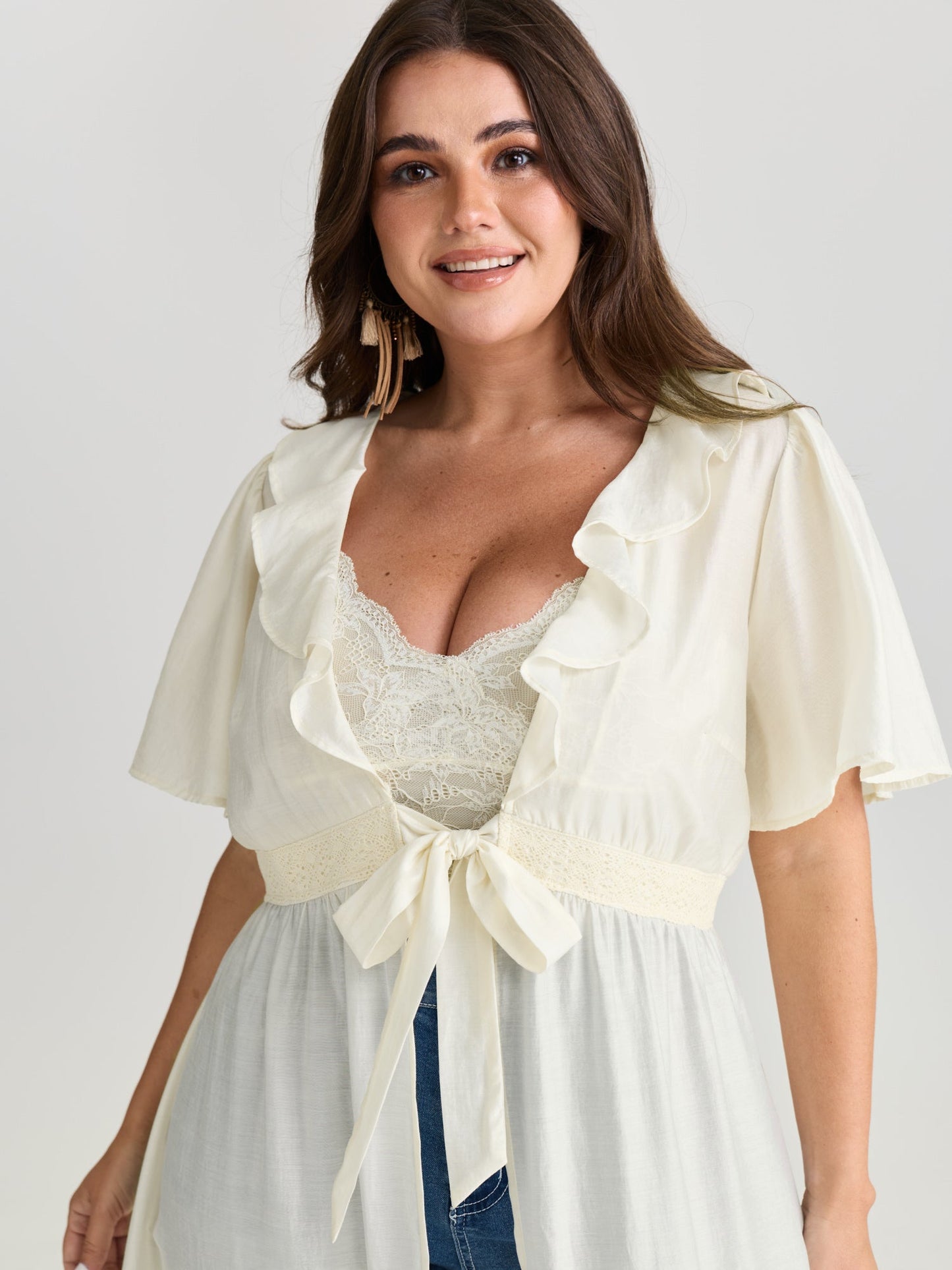 Sheer Lace Lotus Leaf Detail Kimono