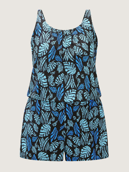plus size Tropical Flower Print Pockets One-Piece Swimsuit