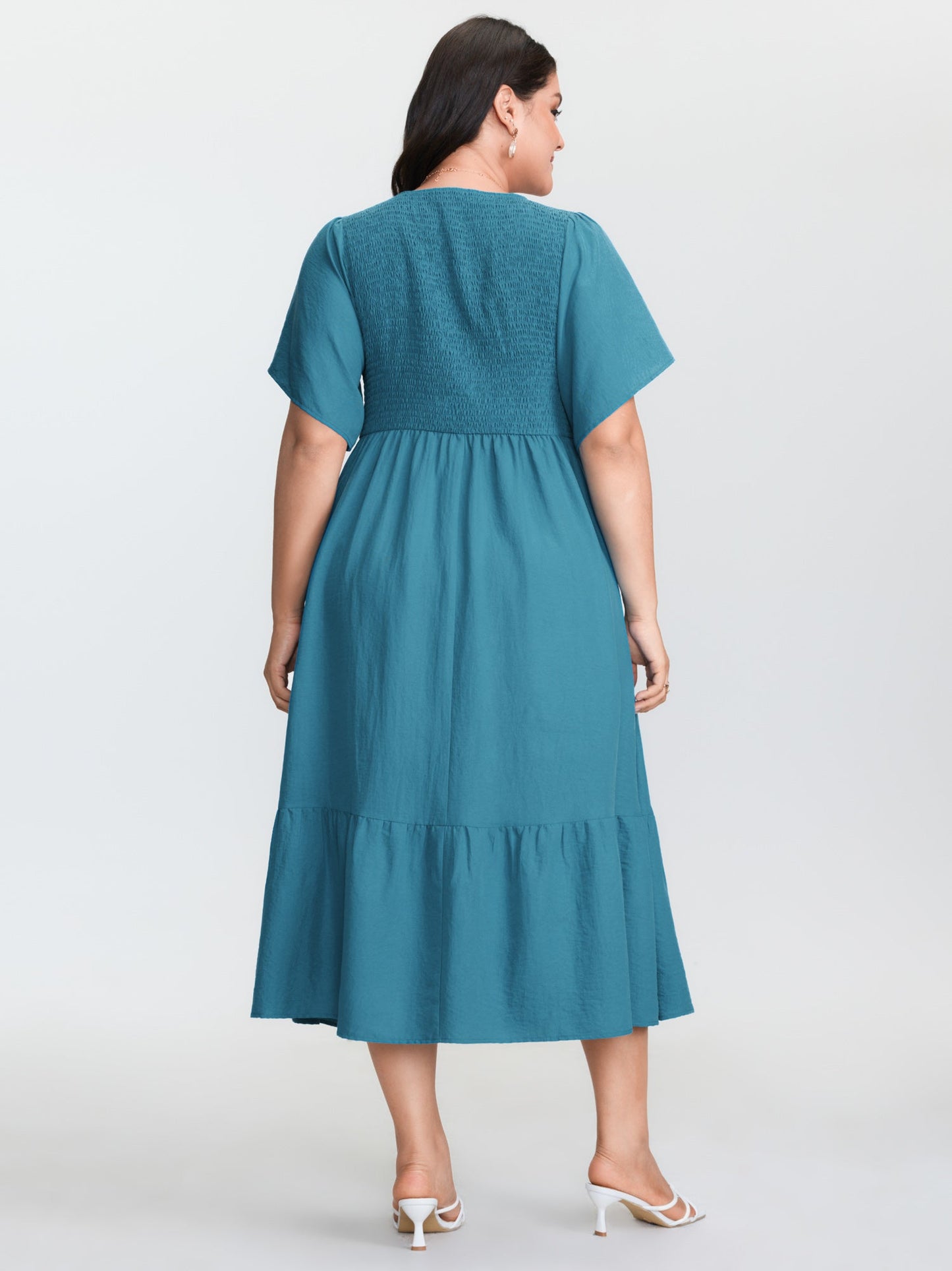 Shirred Bodice Ruffled Hem Midi Dress
