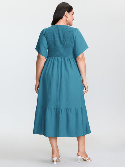 Shirred Bodice Ruffled Hem Midi Dress
