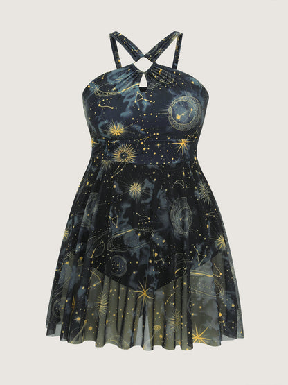 Galaxy Print Halter Neckline Swim Dress