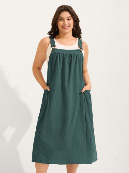 plus size Pure Cotton Pleated Pockets Midi Dress