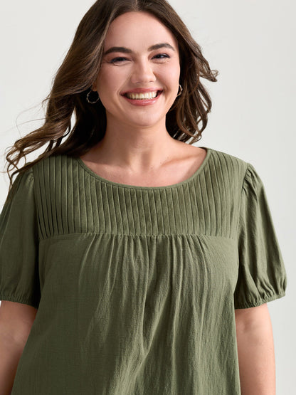 Pure Cotton Pleated Puffy Sleeve Blouse