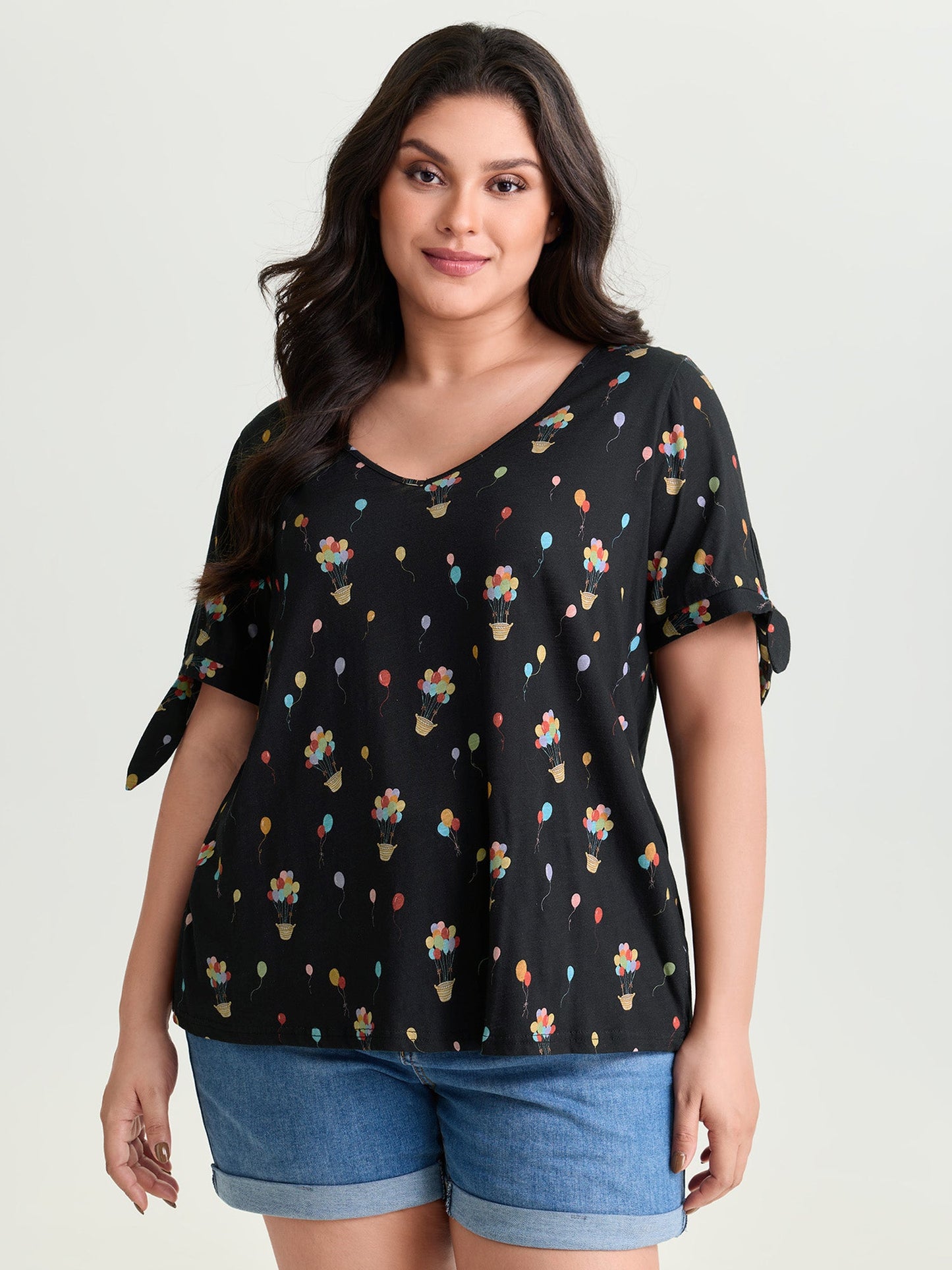Cotton Multi-Color Balloons Print Sleeve-Tie T-Shirt