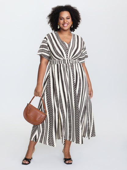 plus size Solid Geometric Dolman Sleeve Pocket Shirred Split Hem Dress